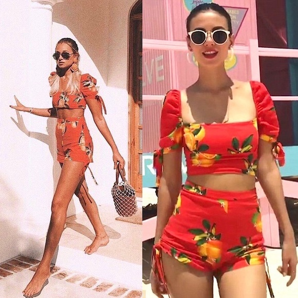 REVOLVE‎ X PRIVACY PLEASE Citrus Print Linen Square Neck Puff Sleeve Crop Top XS - Picture 2 of 10